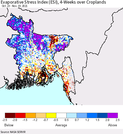 Bangladesh Evaporative Stress Index (ESI), 4-Weeks over Croplands Thematic Map For 11/15/2021 - 11/21/2021