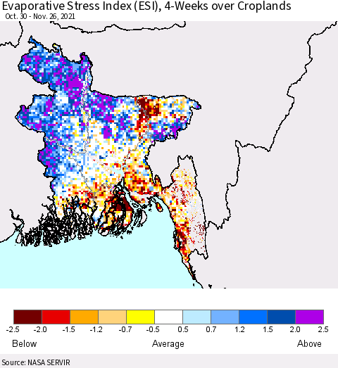 Bangladesh Evaporative Stress Index (ESI), 4-Weeks over Croplands Thematic Map For 11/22/2021 - 11/28/2021