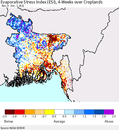 Bangladesh Evaporative Stress Index (ESI), 4-Weeks over Croplands Thematic Map For 11/29/2021 - 12/5/2021