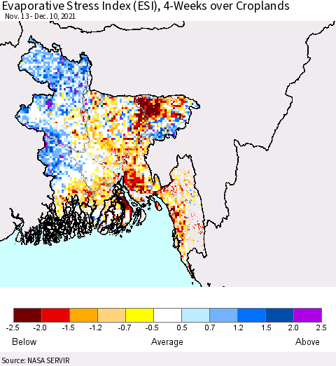 Bangladesh Evaporative Stress Index (ESI), 4-Weeks over Croplands Thematic Map For 12/6/2021 - 12/12/2021