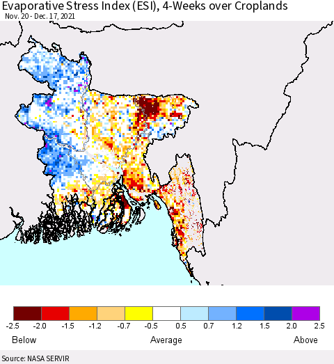 Bangladesh Evaporative Stress Index (ESI), 4-Weeks over Croplands Thematic Map For 12/13/2021 - 12/19/2021