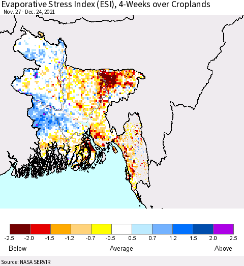 Bangladesh Evaporative Stress Index (ESI), 4-Weeks over Croplands Thematic Map For 12/20/2021 - 12/26/2021