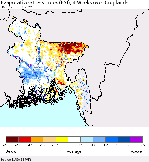 Bangladesh Evaporative Stress Index (ESI), 4-Weeks over Croplands Thematic Map For 1/3/2022 - 1/9/2022