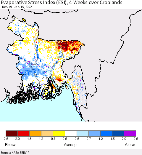 Bangladesh Evaporative Stress Index (ESI), 4-Weeks over Croplands Thematic Map For 1/10/2022 - 1/16/2022