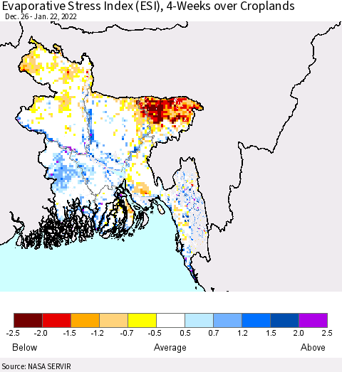 Bangladesh Evaporative Stress Index (ESI), 4-Weeks over Croplands Thematic Map For 1/17/2022 - 1/23/2022