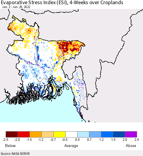 Bangladesh Evaporative Stress Index (ESI), 4-Weeks over Croplands Thematic Map For 1/24/2022 - 1/30/2022