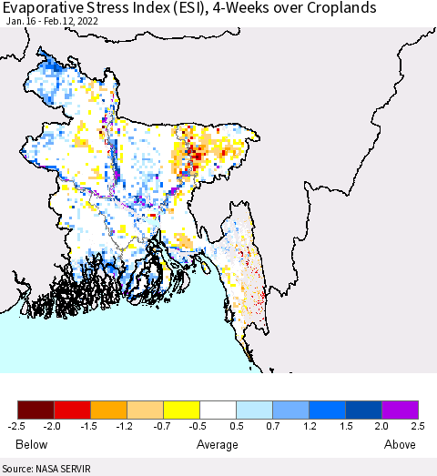 Bangladesh Evaporative Stress Index (ESI), 4-Weeks over Croplands Thematic Map For 2/7/2022 - 2/13/2022