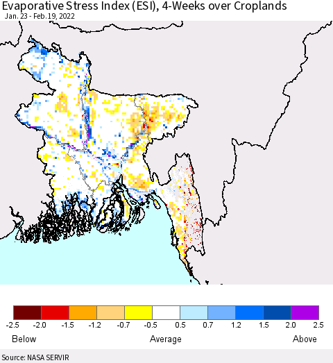 Bangladesh Evaporative Stress Index (ESI), 4-Weeks over Croplands Thematic Map For 2/14/2022 - 2/20/2022