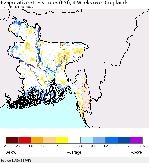 Bangladesh Evaporative Stress Index (ESI), 4-Weeks over Croplands Thematic Map For 2/21/2022 - 2/27/2022