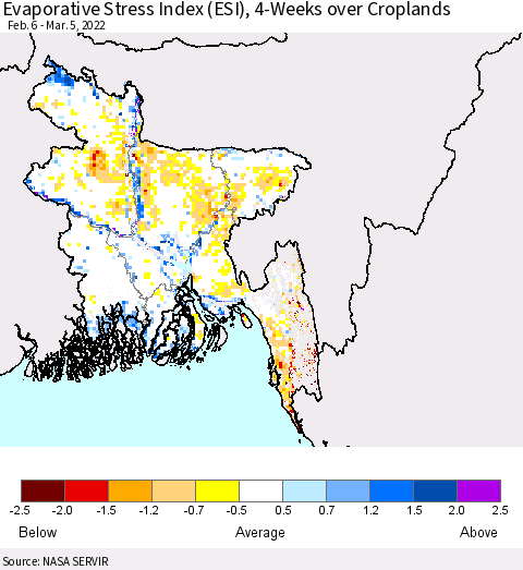 Bangladesh Evaporative Stress Index (ESI), 4-Weeks over Croplands Thematic Map For 2/28/2022 - 3/6/2022