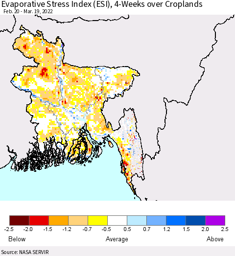 Bangladesh Evaporative Stress Index (ESI), 4-Weeks over Croplands Thematic Map For 3/14/2022 - 3/20/2022