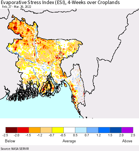Bangladesh Evaporative Stress Index (ESI), 4-Weeks over Croplands Thematic Map For 3/21/2022 - 3/27/2022