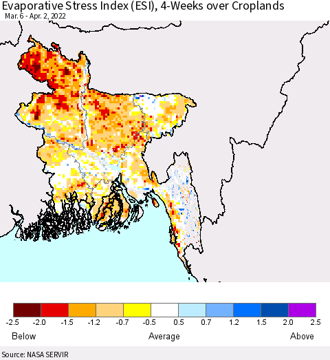 Bangladesh Evaporative Stress Index (ESI), 4-Weeks over Croplands Thematic Map For 3/28/2022 - 4/3/2022