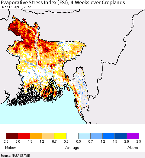 Bangladesh Evaporative Stress Index (ESI), 4-Weeks over Croplands Thematic Map For 4/4/2022 - 4/10/2022