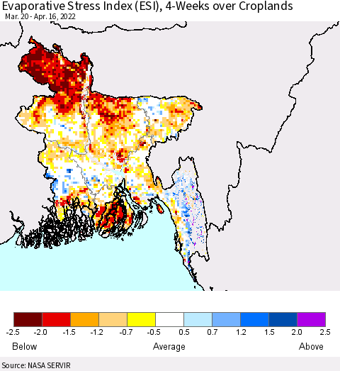 Bangladesh Evaporative Stress Index (ESI), 4-Weeks over Croplands Thematic Map For 4/11/2022 - 4/17/2022