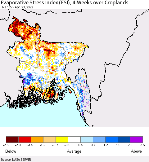 Bangladesh Evaporative Stress Index (ESI), 4-Weeks over Croplands Thematic Map For 4/18/2022 - 4/24/2022