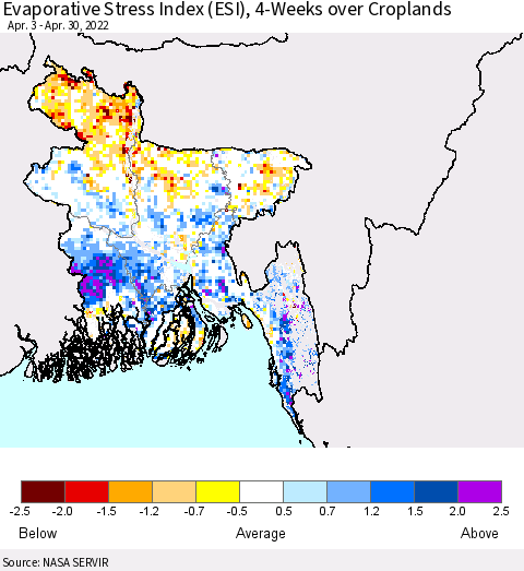 Bangladesh Evaporative Stress Index (ESI), 4-Weeks over Croplands Thematic Map For 4/25/2022 - 5/1/2022