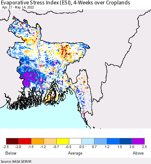 Bangladesh Evaporative Stress Index (ESI), 4-Weeks over Croplands Thematic Map For 5/9/2022 - 5/15/2022