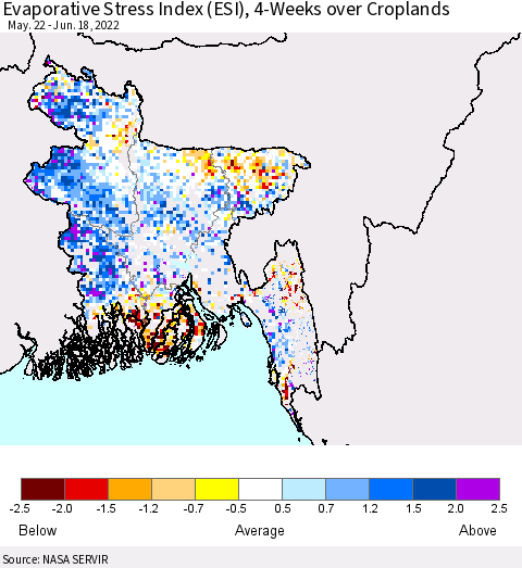 Bangladesh Evaporative Stress Index (ESI), 4-Weeks over Croplands Thematic Map For 6/13/2022 - 6/19/2022