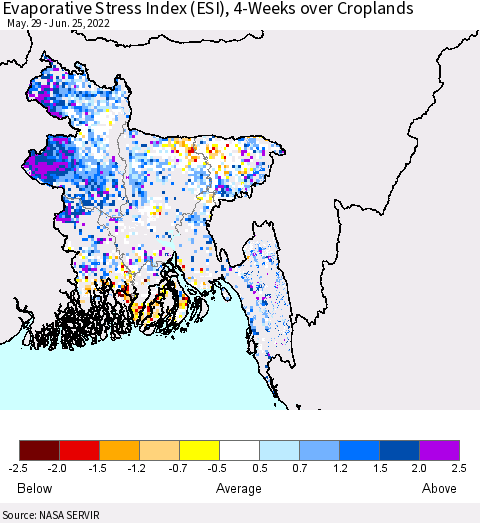Bangladesh Evaporative Stress Index (ESI), 4-Weeks over Croplands Thematic Map For 6/20/2022 - 6/26/2022