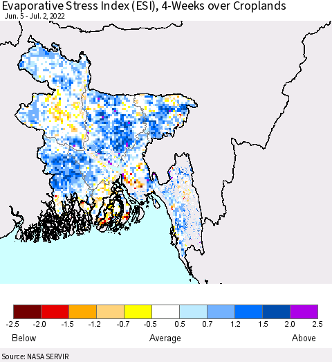 Bangladesh Evaporative Stress Index (ESI), 4-Weeks over Croplands Thematic Map For 6/27/2022 - 7/3/2022