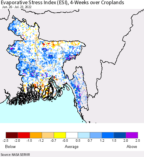 Bangladesh Evaporative Stress Index (ESI), 4-Weeks over Croplands Thematic Map For 7/18/2022 - 7/24/2022