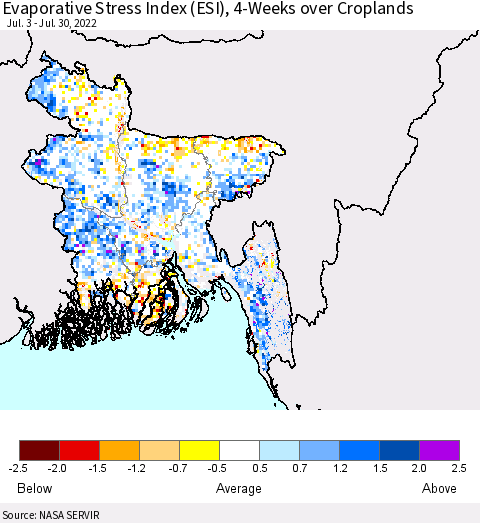 Bangladesh Evaporative Stress Index (ESI), 4-Weeks over Croplands Thematic Map For 7/25/2022 - 7/31/2022