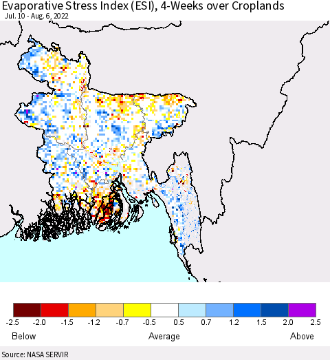 Bangladesh Evaporative Stress Index (ESI), 4-Weeks over Croplands Thematic Map For 8/1/2022 - 8/7/2022