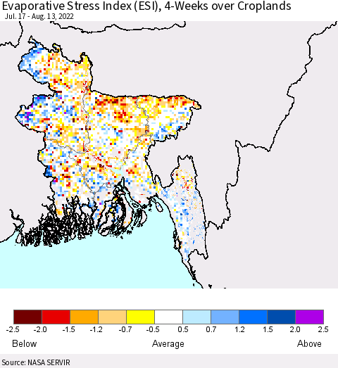 Bangladesh Evaporative Stress Index (ESI), 4-Weeks over Croplands Thematic Map For 8/8/2022 - 8/14/2022