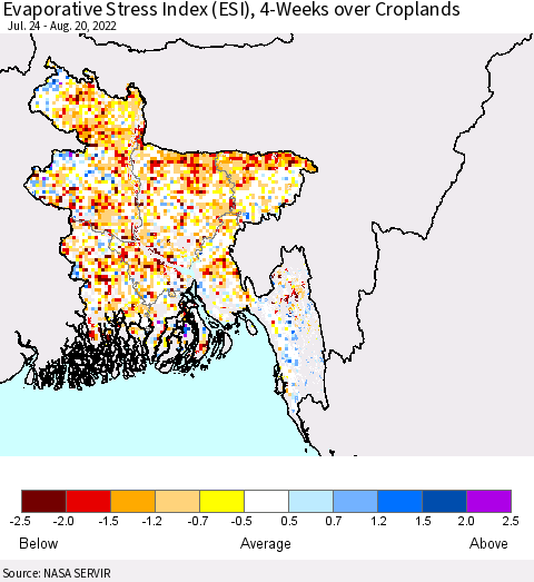 Bangladesh Evaporative Stress Index (ESI), 4-Weeks over Croplands Thematic Map For 8/15/2022 - 8/21/2022