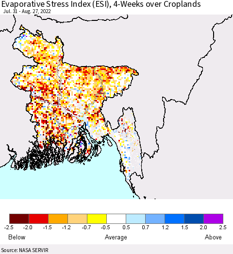 Bangladesh Evaporative Stress Index (ESI), 4-Weeks over Croplands Thematic Map For 8/22/2022 - 8/28/2022