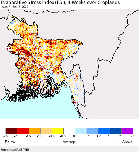 Bangladesh Evaporative Stress Index (ESI), 4-Weeks over Croplands Thematic Map For 8/29/2022 - 9/4/2022