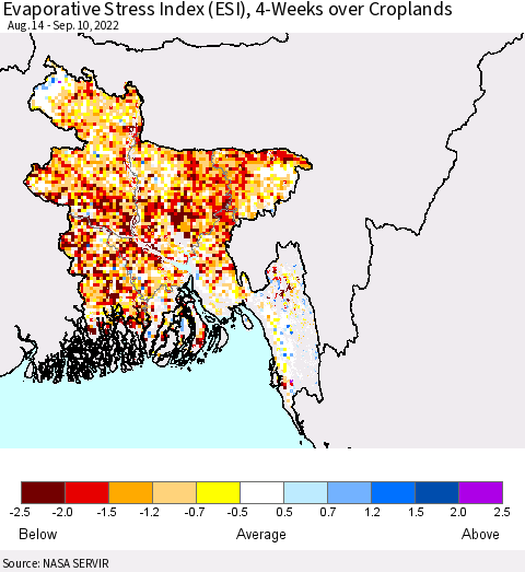 Bangladesh Evaporative Stress Index (ESI), 4-Weeks over Croplands Thematic Map For 9/5/2022 - 9/11/2022