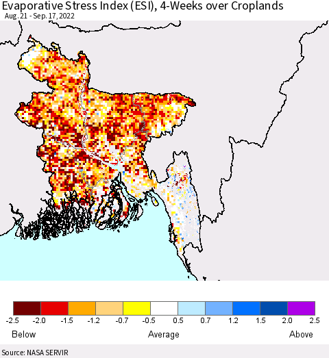 Bangladesh Evaporative Stress Index (ESI), 4-Weeks over Croplands Thematic Map For 9/12/2022 - 9/18/2022
