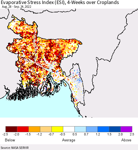 Bangladesh Evaporative Stress Index (ESI), 4-Weeks over Croplands Thematic Map For 9/19/2022 - 9/25/2022