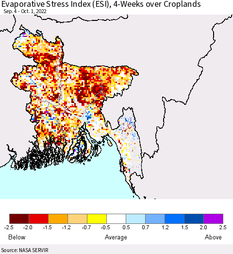 Bangladesh Evaporative Stress Index (ESI), 4-Weeks over Croplands Thematic Map For 9/26/2022 - 10/2/2022