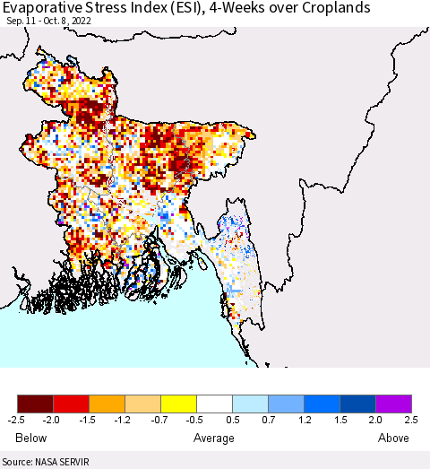 Bangladesh Evaporative Stress Index (ESI), 4-Weeks over Croplands Thematic Map For 10/3/2022 - 10/9/2022