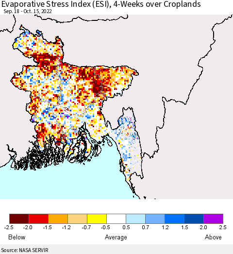 Bangladesh Evaporative Stress Index (ESI), 4-Weeks over Croplands Thematic Map For 10/10/2022 - 10/16/2022