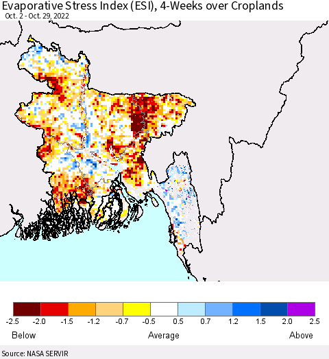 Bangladesh Evaporative Stress Index (ESI), 4-Weeks over Croplands Thematic Map For 10/24/2022 - 10/30/2022
