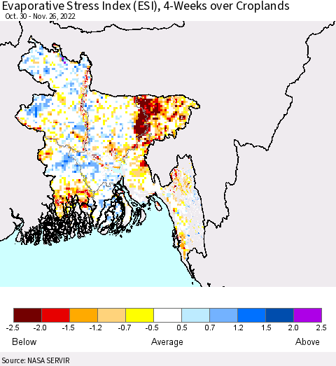 Bangladesh Evaporative Stress Index (ESI), 4-Weeks over Croplands Thematic Map For 11/21/2022 - 11/27/2022