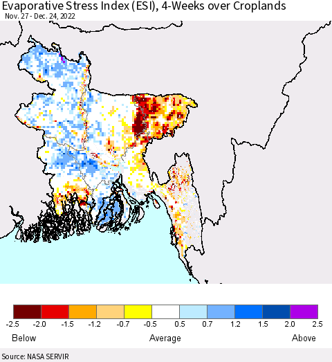Bangladesh Evaporative Stress Index (ESI), 4-Weeks over Croplands Thematic Map For 12/19/2022 - 12/25/2022