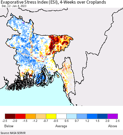 Bangladesh Evaporative Stress Index (ESI), 4-Weeks over Croplands Thematic Map For 1/2/2023 - 1/8/2023