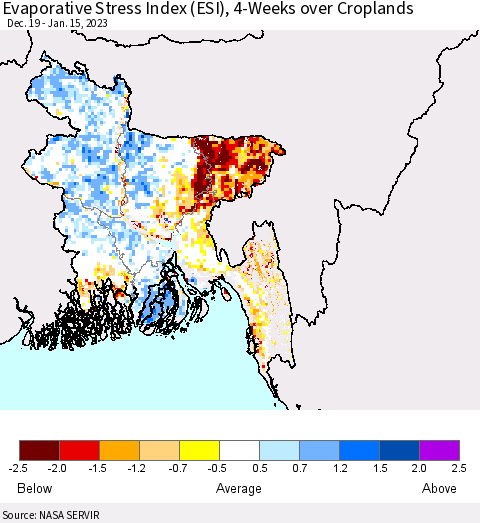 Bangladesh Evaporative Stress Index (ESI), 4-Weeks over Croplands Thematic Map For 1/9/2023 - 1/15/2023