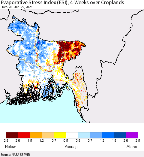 Bangladesh Evaporative Stress Index (ESI), 4-Weeks over Croplands Thematic Map For 1/16/2023 - 1/22/2023