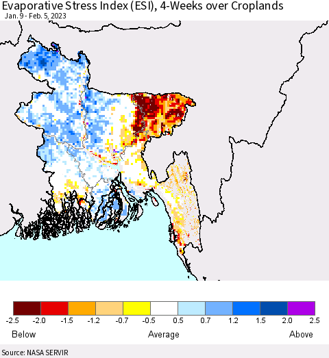 Bangladesh Evaporative Stress Index (ESI), 4-Weeks over Croplands Thematic Map For 1/30/2023 - 2/5/2023
