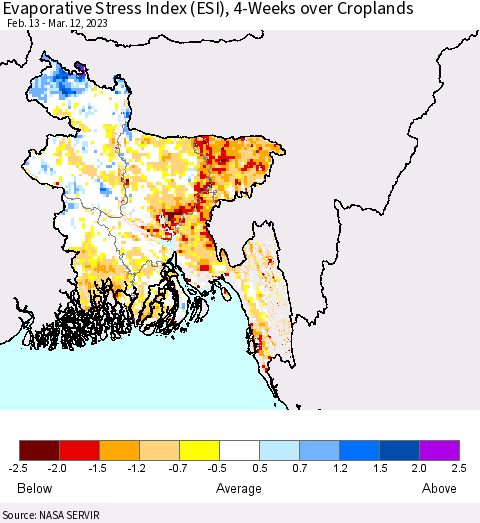 Bangladesh Evaporative Stress Index (ESI), 4-Weeks over Croplands Thematic Map For 3/6/2023 - 3/12/2023