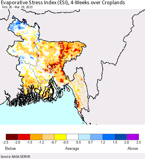 Bangladesh Evaporative Stress Index (ESI), 4-Weeks over Croplands Thematic Map For 3/13/2023 - 3/19/2023