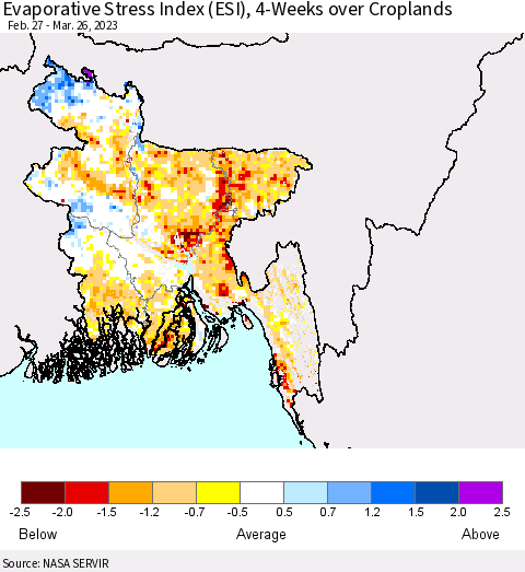 Bangladesh Evaporative Stress Index (ESI), 4-Weeks over Croplands Thematic Map For 3/20/2023 - 3/26/2023