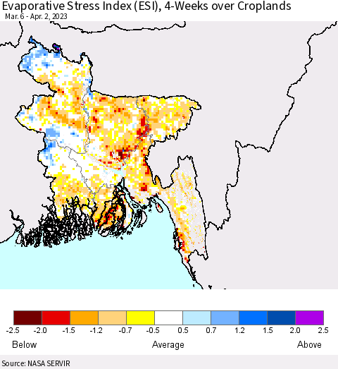 Bangladesh Evaporative Stress Index (ESI), 4-Weeks over Croplands Thematic Map For 3/27/2023 - 4/2/2023