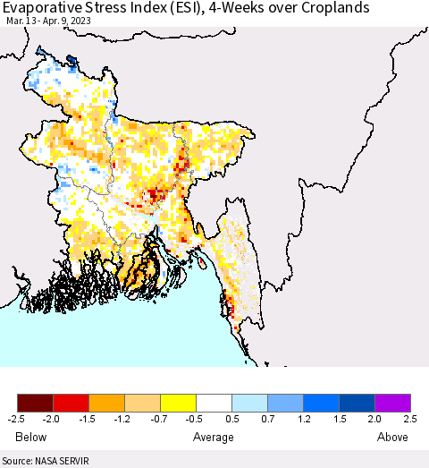 Bangladesh Evaporative Stress Index (ESI), 4-Weeks over Croplands Thematic Map For 4/3/2023 - 4/9/2023